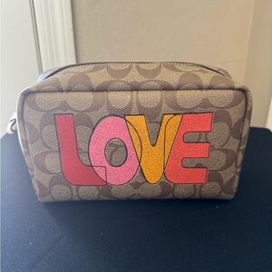 Coach Brown Canvas Cosmetic Cosmetic Bag with Colorful Love Design
